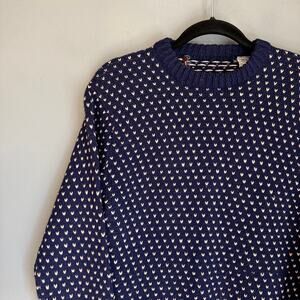 Women's S/M Navy Blue Birdseye Design Wool Pullover Knit Sweater Nordic Cottage